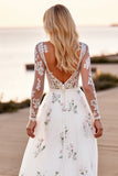 Long Sleeve V Neck White Floral Boho Wedding Dress