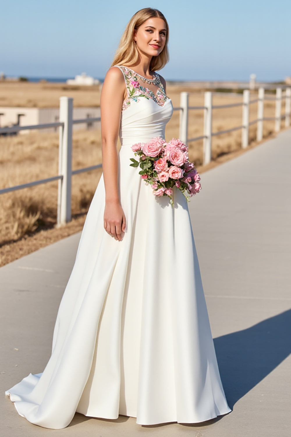 White A Line Floral Long Wedding Dress