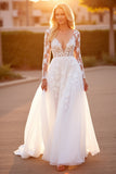 White Long Sleeve A Line Wedding Dress with Appliques