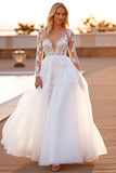 White Long Sleeve A Line Wedding Dress with Appliques