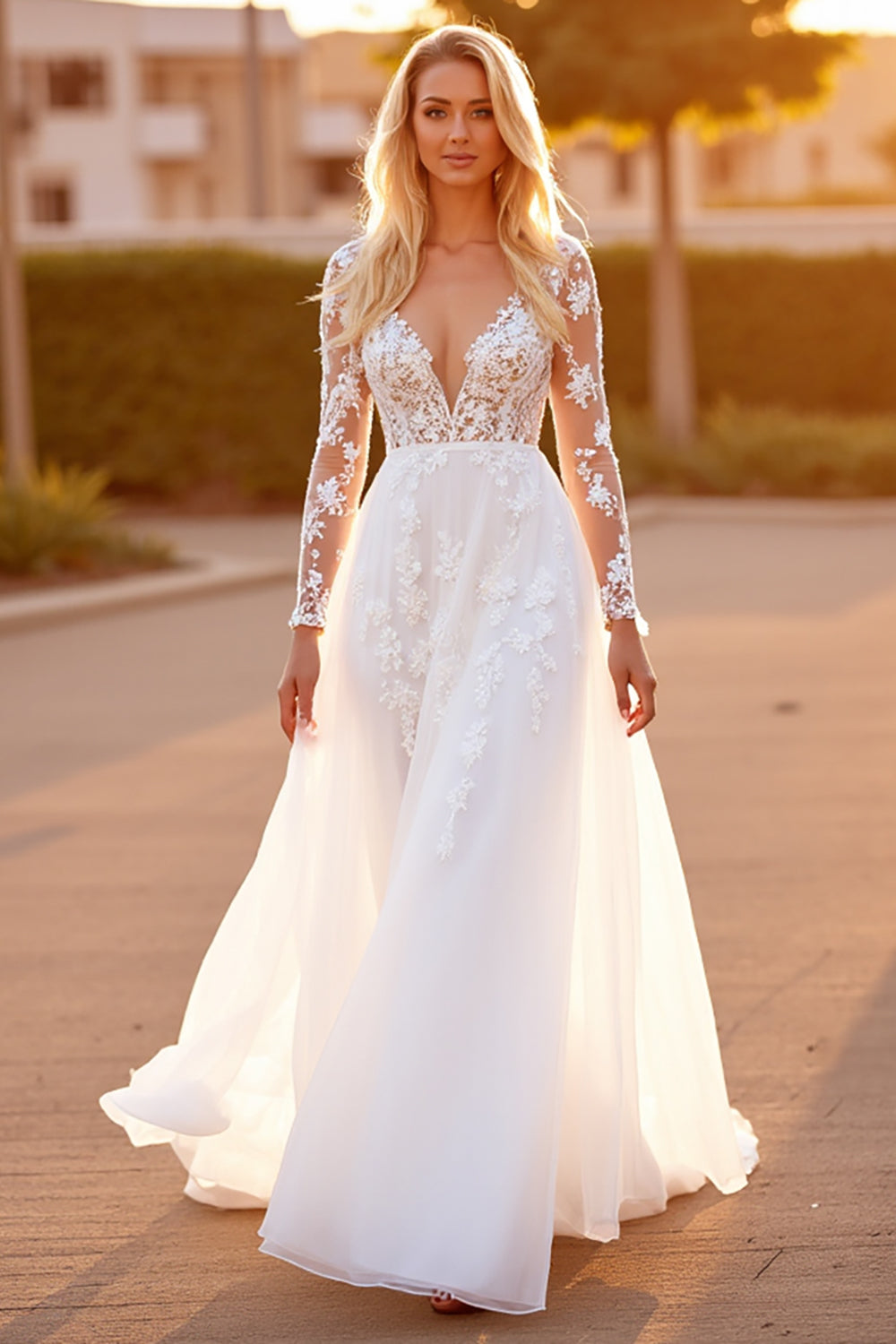 White Long Sleeve A Line Wedding Dress with Appliques