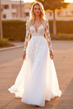 White Long Sleeve A Line Wedding Dress with Appliques