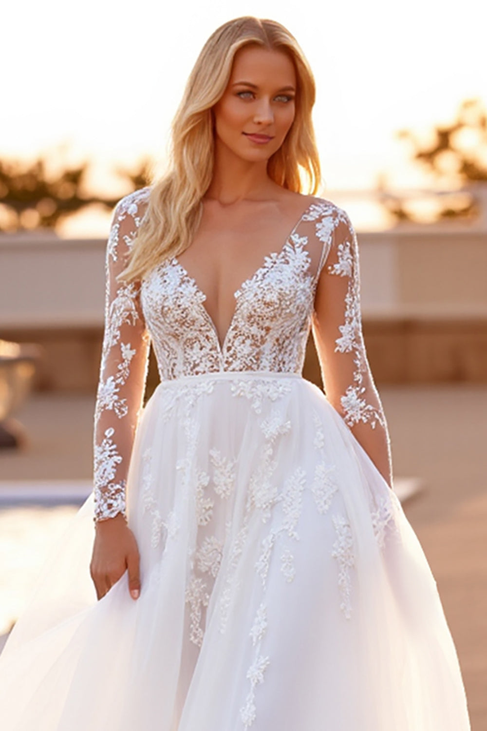 White Long Sleeve A Line Wedding Dress with Appliques