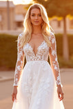 White Long Sleeve A Line Wedding Dress with Appliques