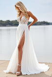 White A Line Spaghetti Straps Beach Wedding Dress With Slit