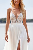 White A Line Spaghetti Straps Beach Wedding Dress With Slit