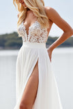 White A Line Spaghetti Straps Beach Wedding Dress With Slit