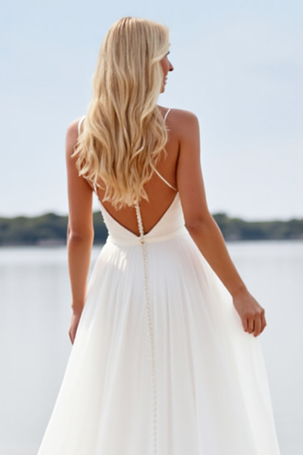White A Line Spaghetti Straps Beach Wedding Dress With Slit