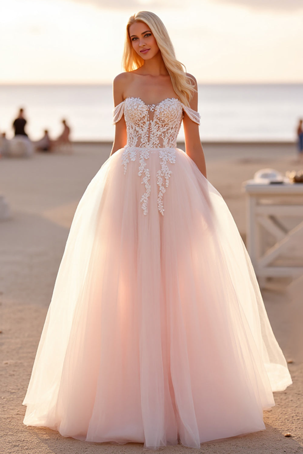 Off The Shoulder Tulle A Line Blush Wedding Dress with Appliques