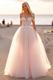 Off The Shoulder Tulle A Line Blush Wedding Dress with Appliques