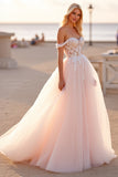 Off The Shoulder Tulle A Line Blush Wedding Dress with Appliques