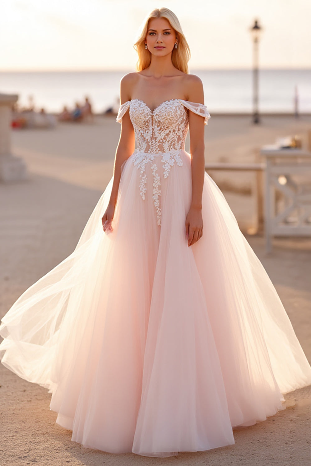 Off The Shoulder Tulle A Line Blush Wedding Dress with Appliques