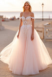 Off The Shoulder Tulle A Line Blush Wedding Dress with Appliques