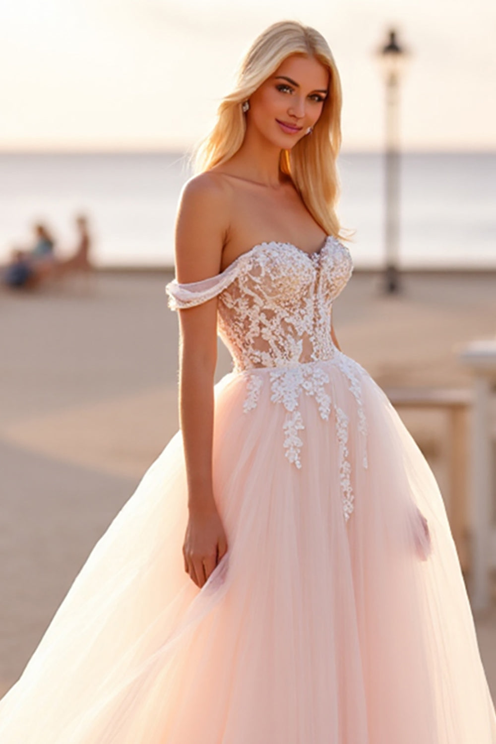 Off The Shoulder Tulle A Line Blush Wedding Dress with Appliques