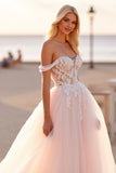 Off The Shoulder Tulle A Line Blush Wedding Dress with Appliques