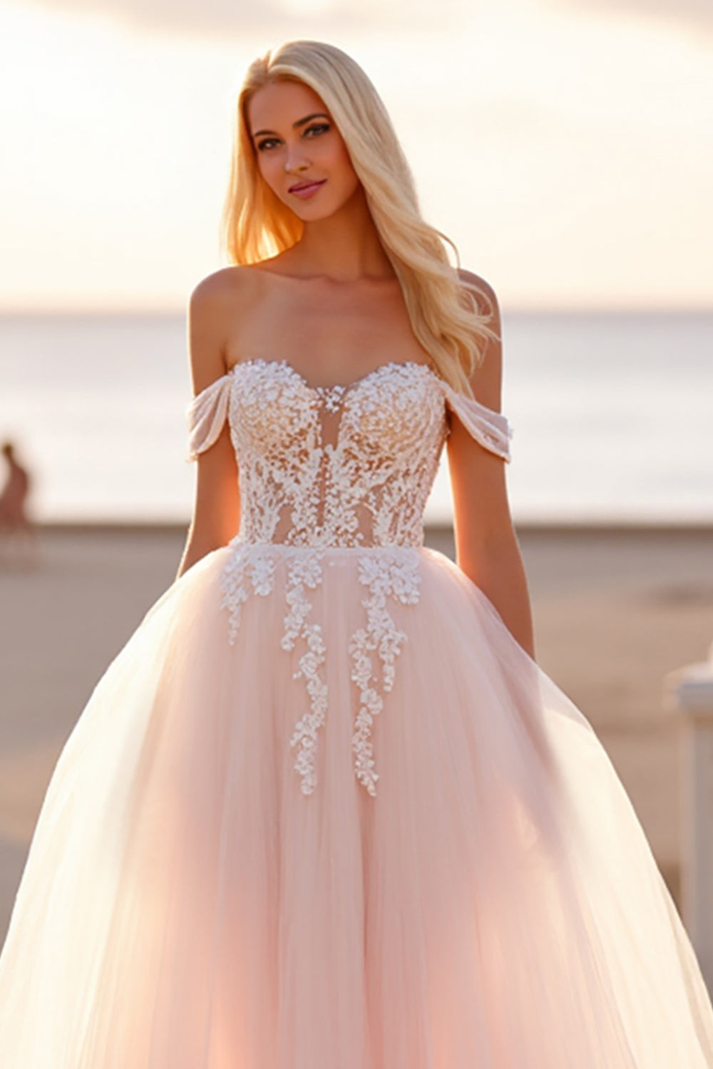 Off The Shoulder Tulle A Line Blush Wedding Dress with Appliques