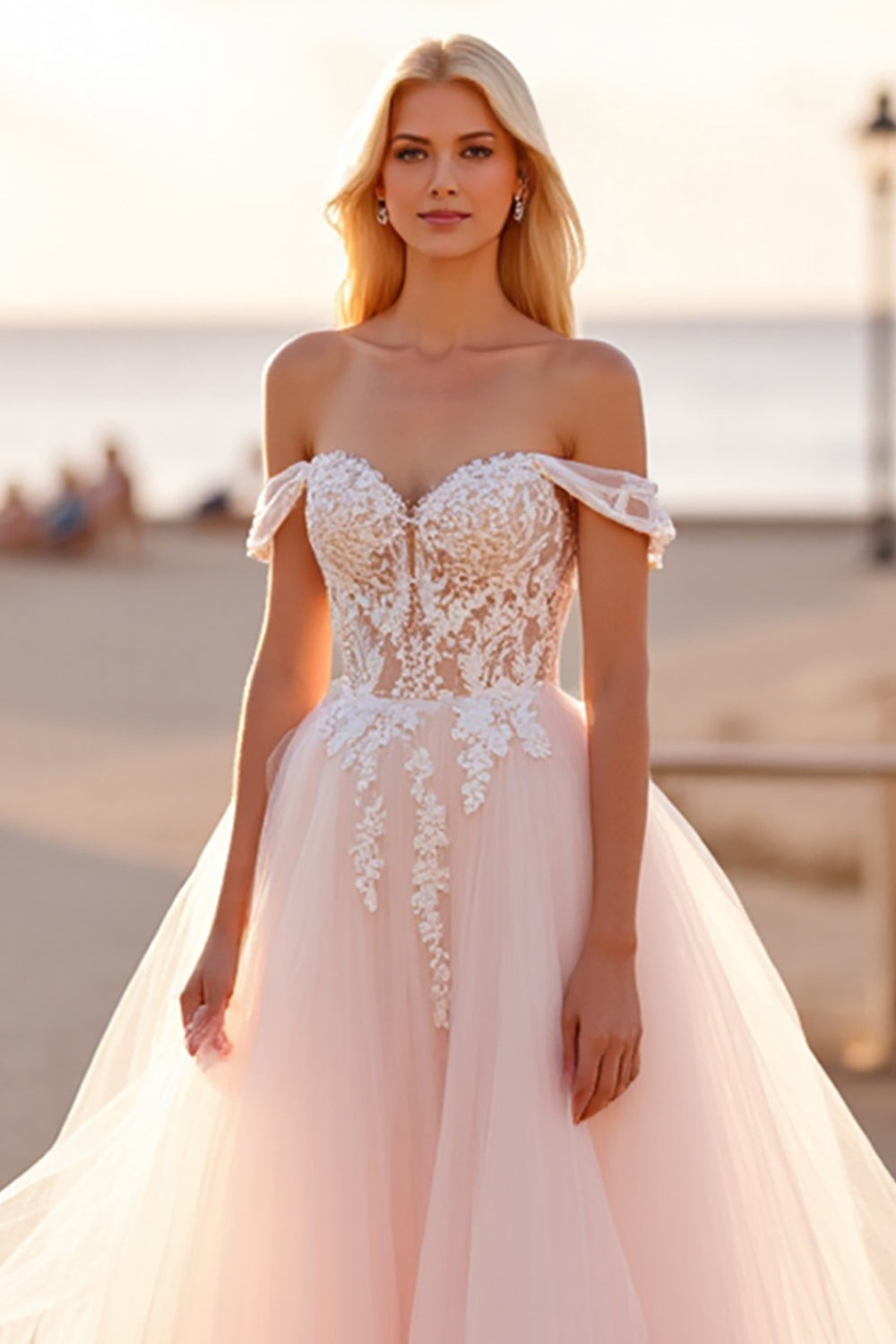 Off The Shoulder Tulle A Line Blush Wedding Dress with Appliques