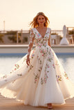 Long Sleeve White Floral Wedding Dress