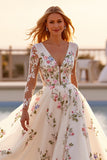 Long Sleeve White Floral Wedding Dress