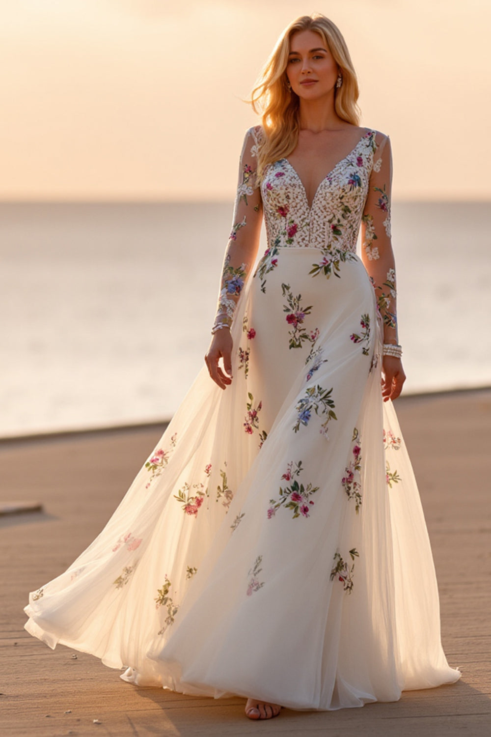 White Floral Long Sleeve A Line Boho Wedding Dress