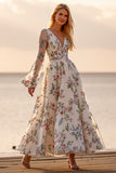 White Long Sleeve A Line Floral Wedding Dress