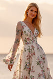 White Long Sleeve A Line Floral Wedding Dress