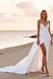 White Spaghetti Straps Long Wedding Dress With Slit