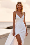 White Spaghetti Straps Long Wedding Dress With Slit