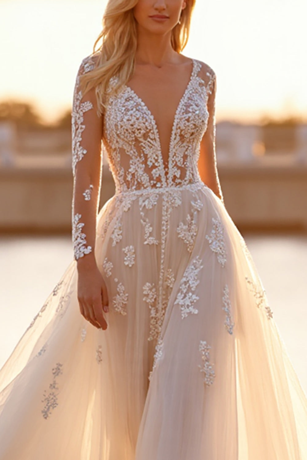 Long Sleeve A Line White Wedding Dress with Appliques