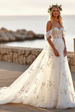 Off The Shoulder White Long Wedding Dress with Appliques