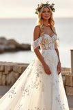Off The Shoulder White Long Wedding Dress with Appliques