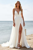 White A Line Wedding Dress With Slit