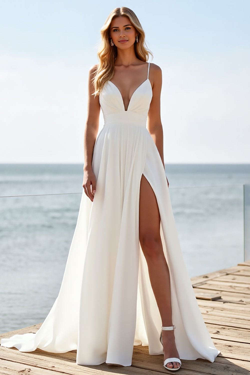 White A Line Wedding Dress With Slit