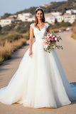 White A Line Cap Sleeve Long Wedding Dress