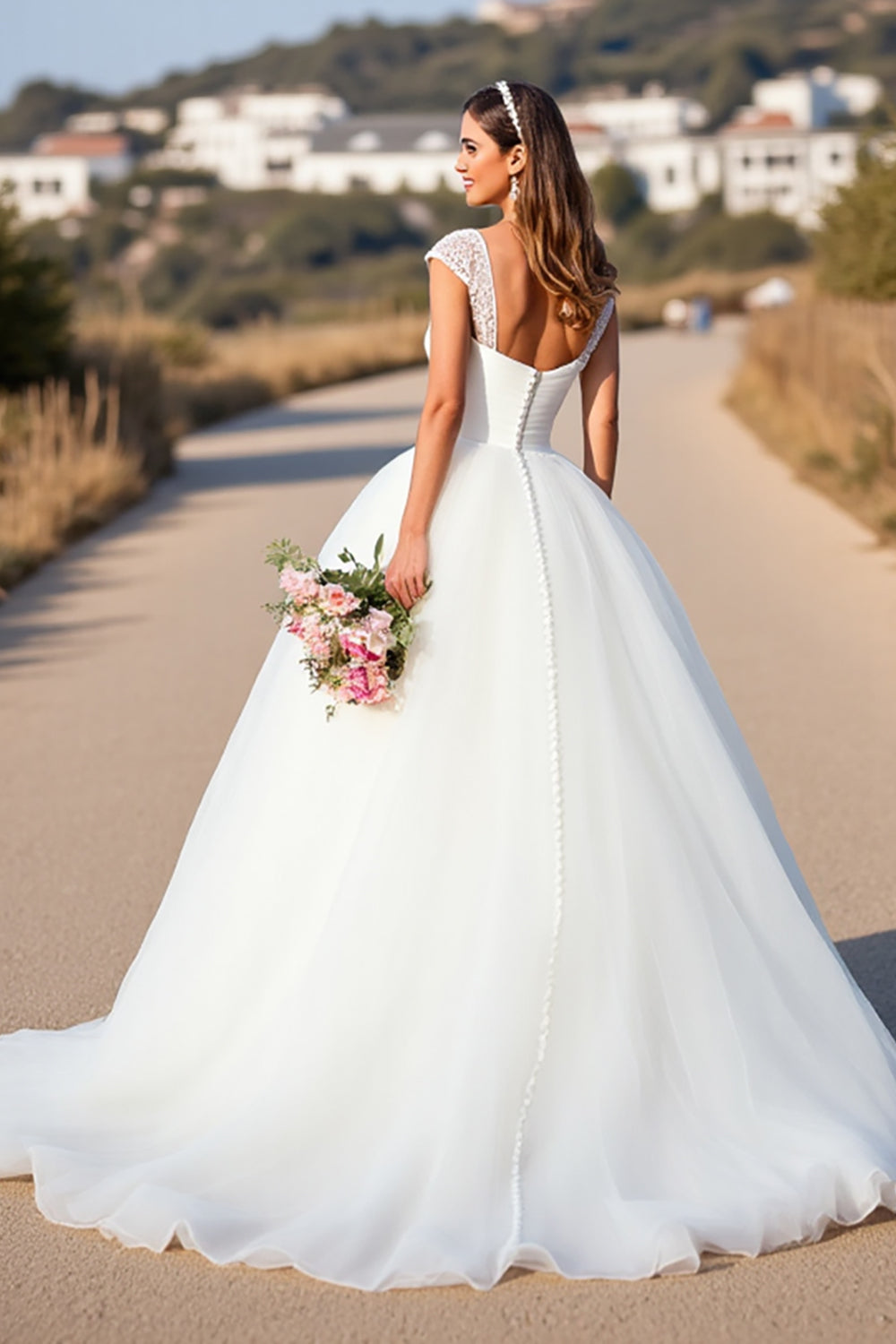White A Line Cap Sleeve Long Wedding Dress
