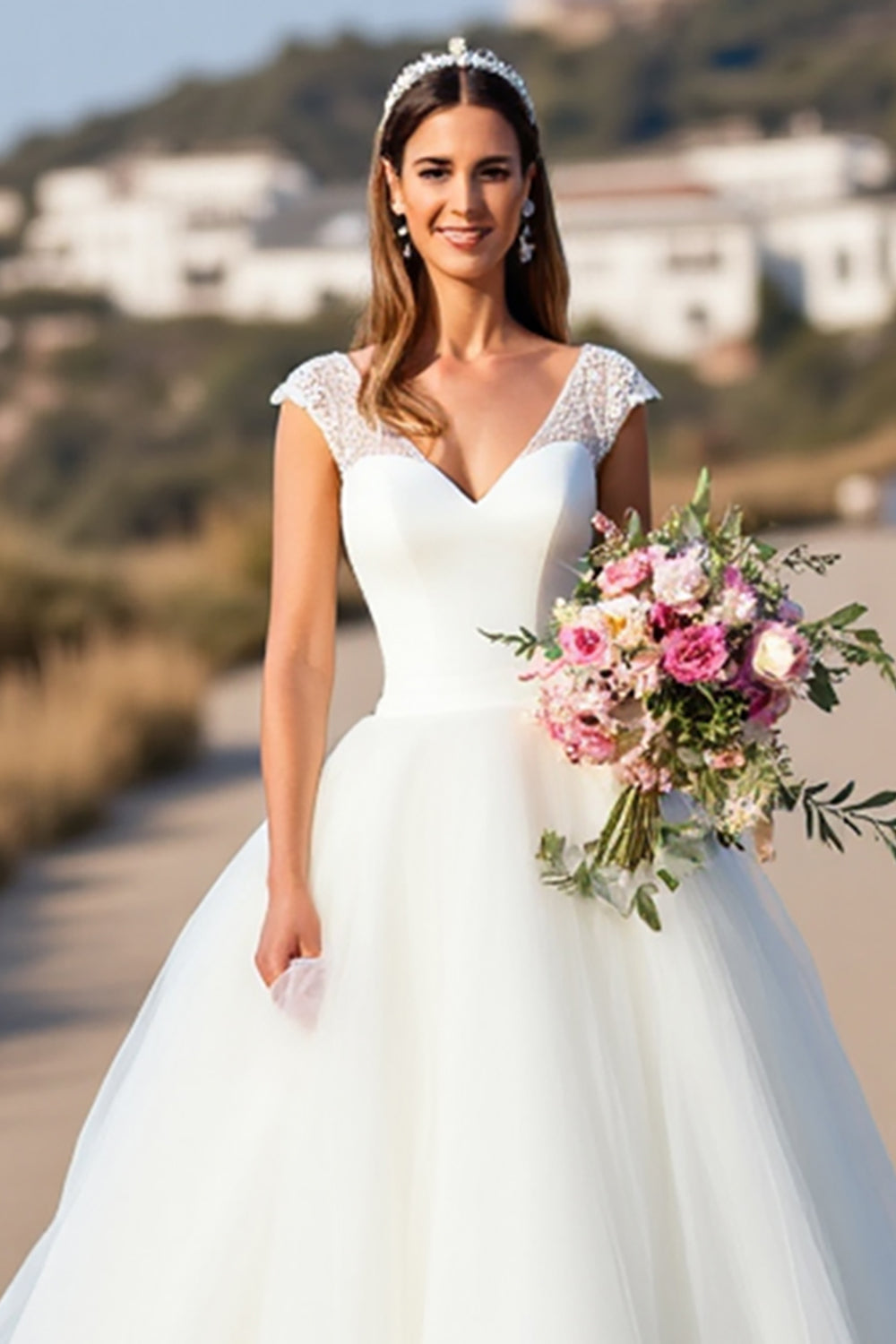 White A Line Cap Sleeve Long Wedding Dress