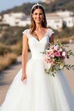White A Line Cap Sleeve Long Wedding Dress