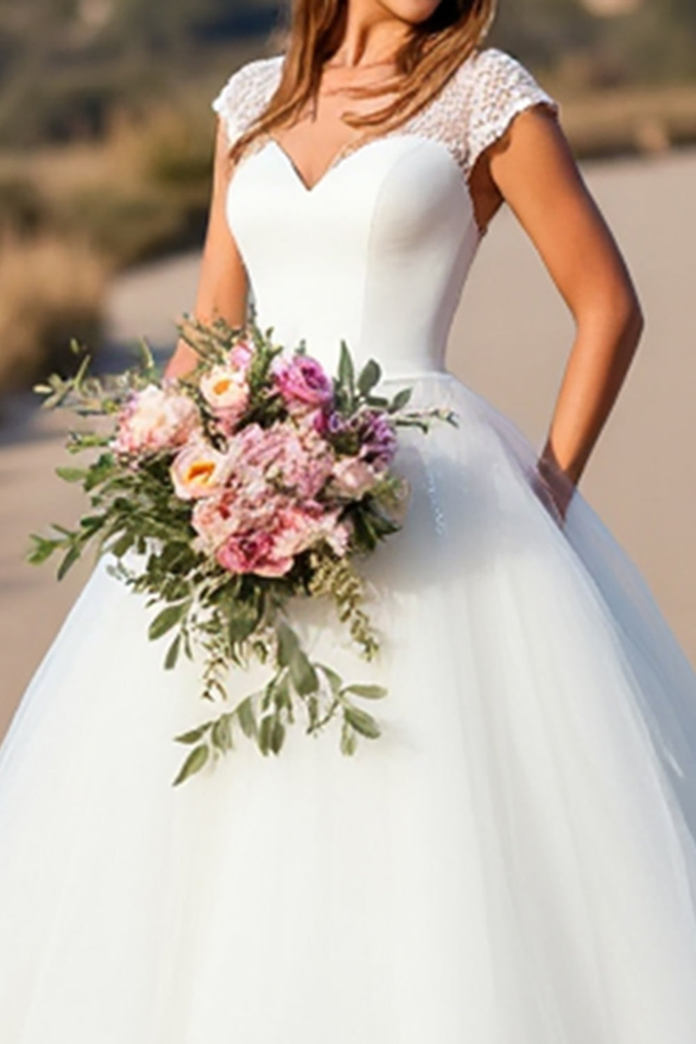 White A Line Cap Sleeve Long Wedding Dress