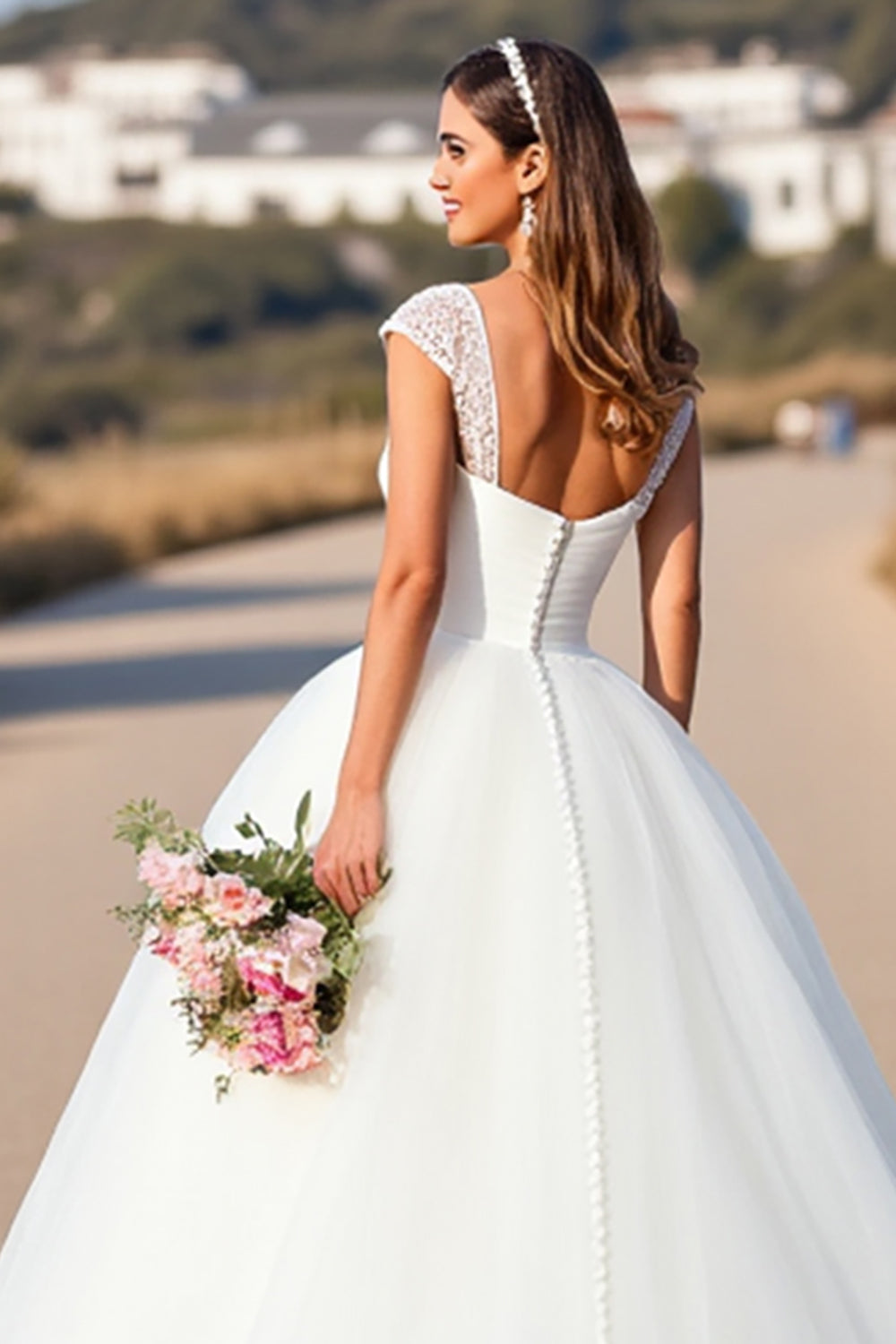 White A Line Cap Sleeve Long Wedding Dress