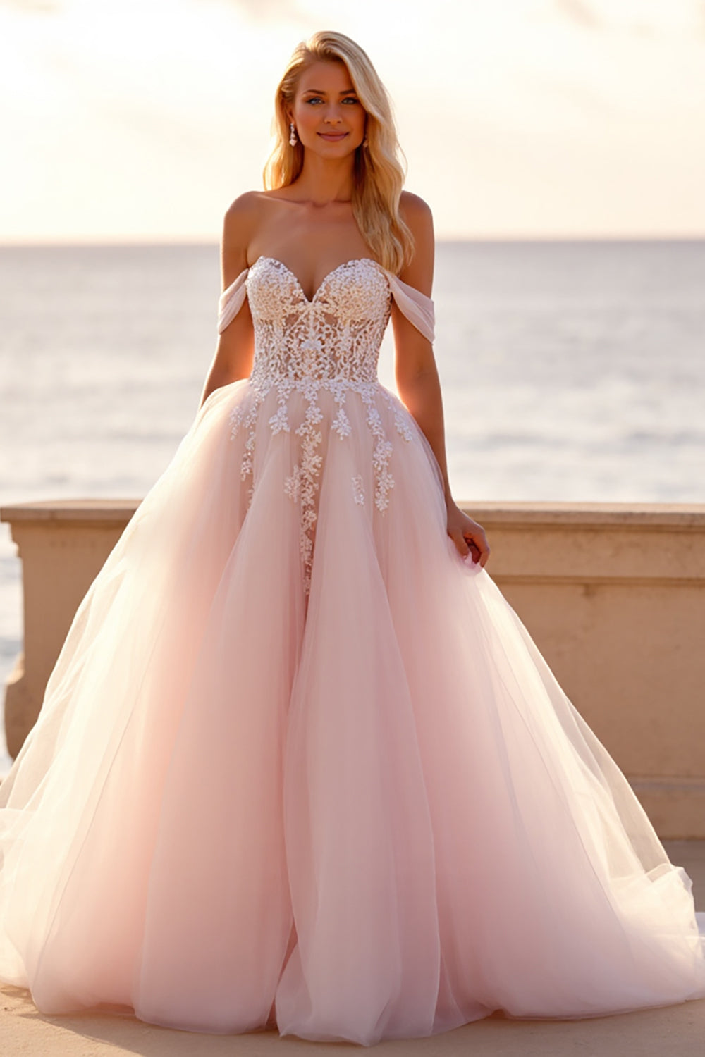 Blush A Line Tulle Off The Shoulder Wedding Dress