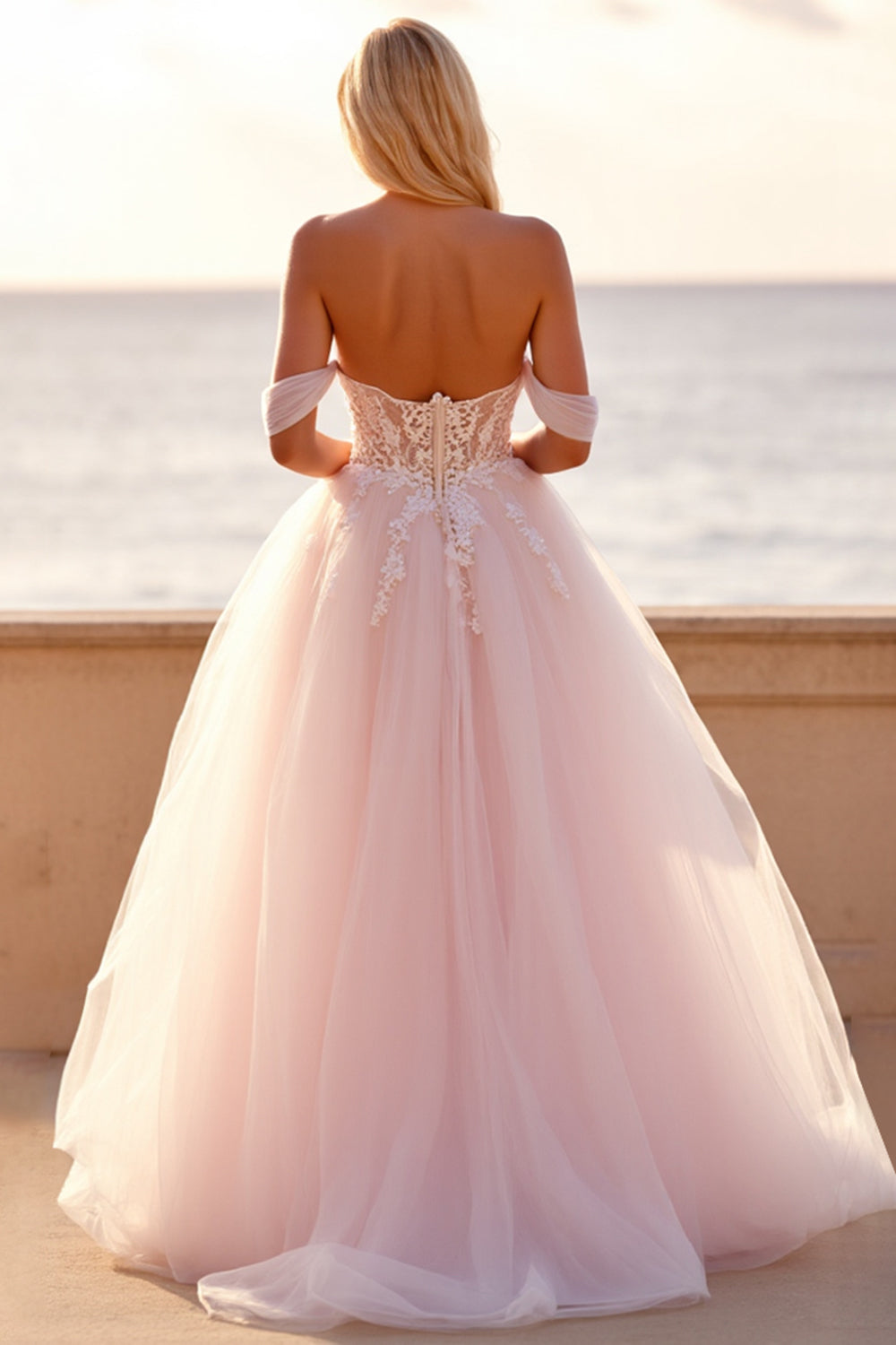 Blush A Line Tulle Off The Shoulder Wedding Dress