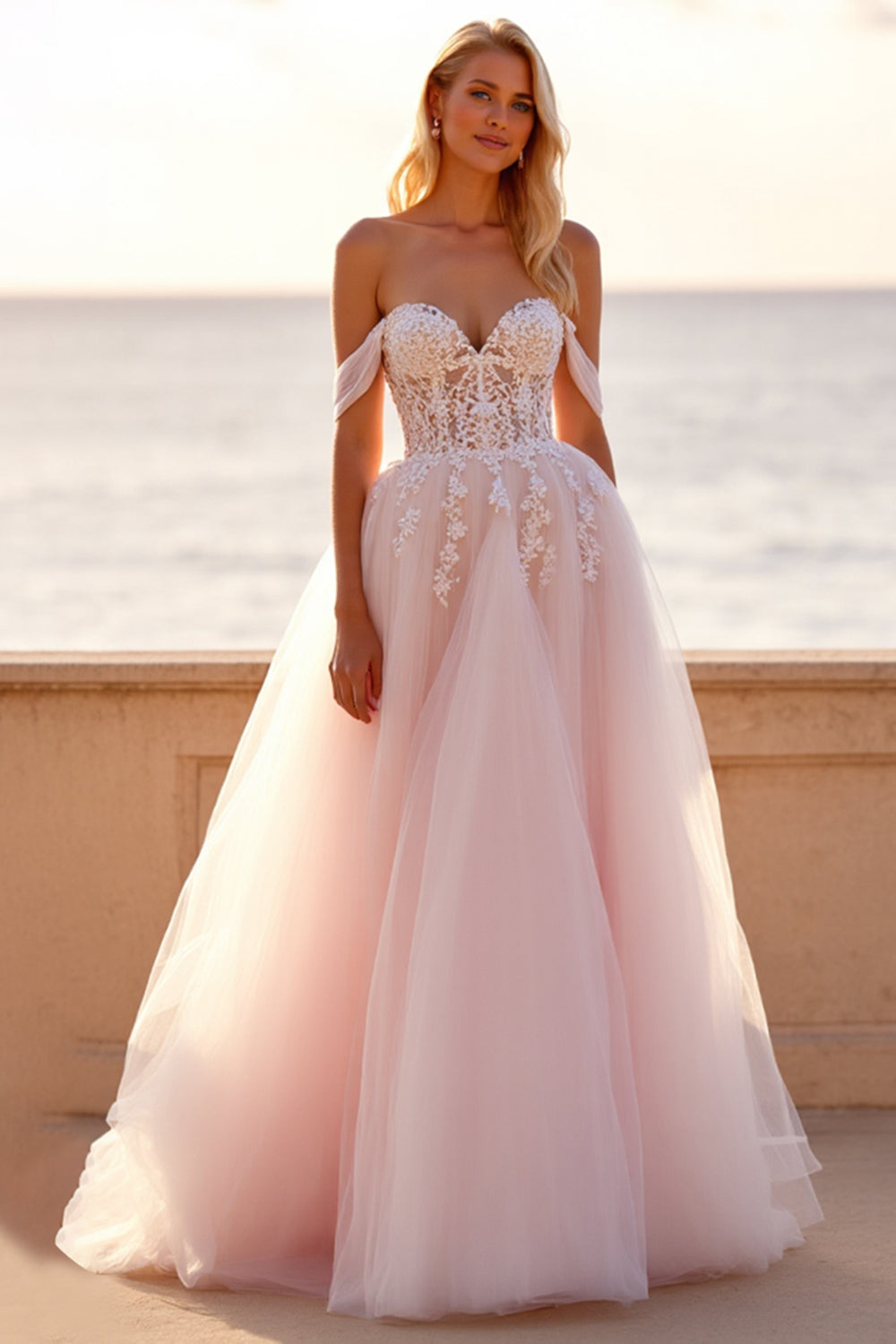 Blush A Line Tulle Off The Shoulder Wedding Dress