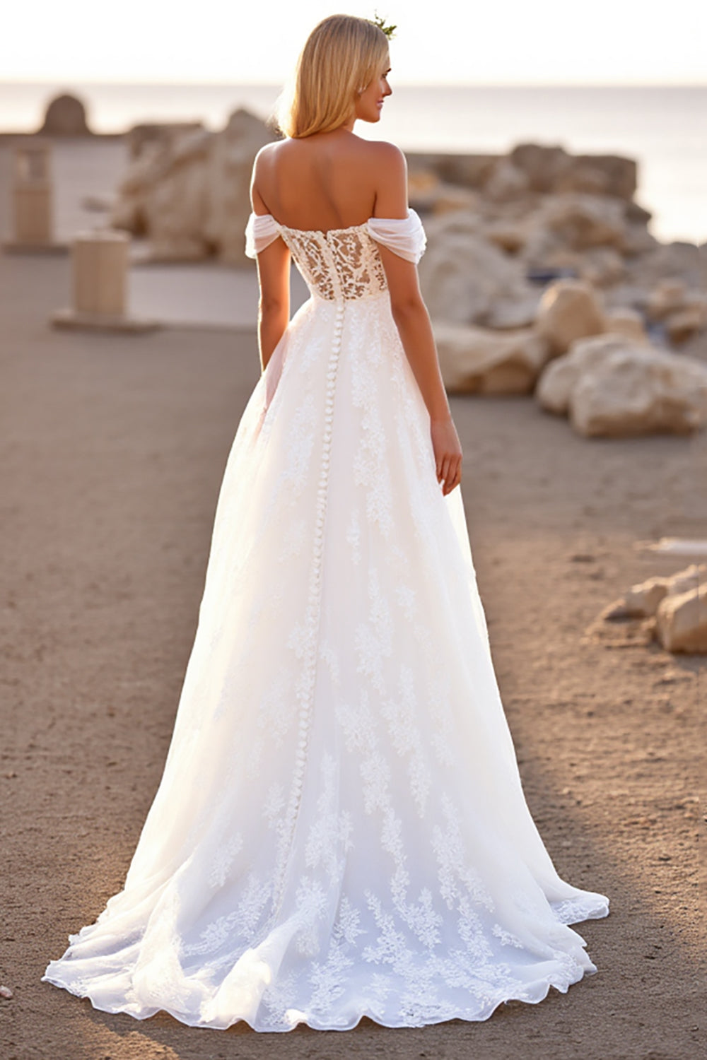 Boho White Off the Shoulder Wedding Dress with Appliques