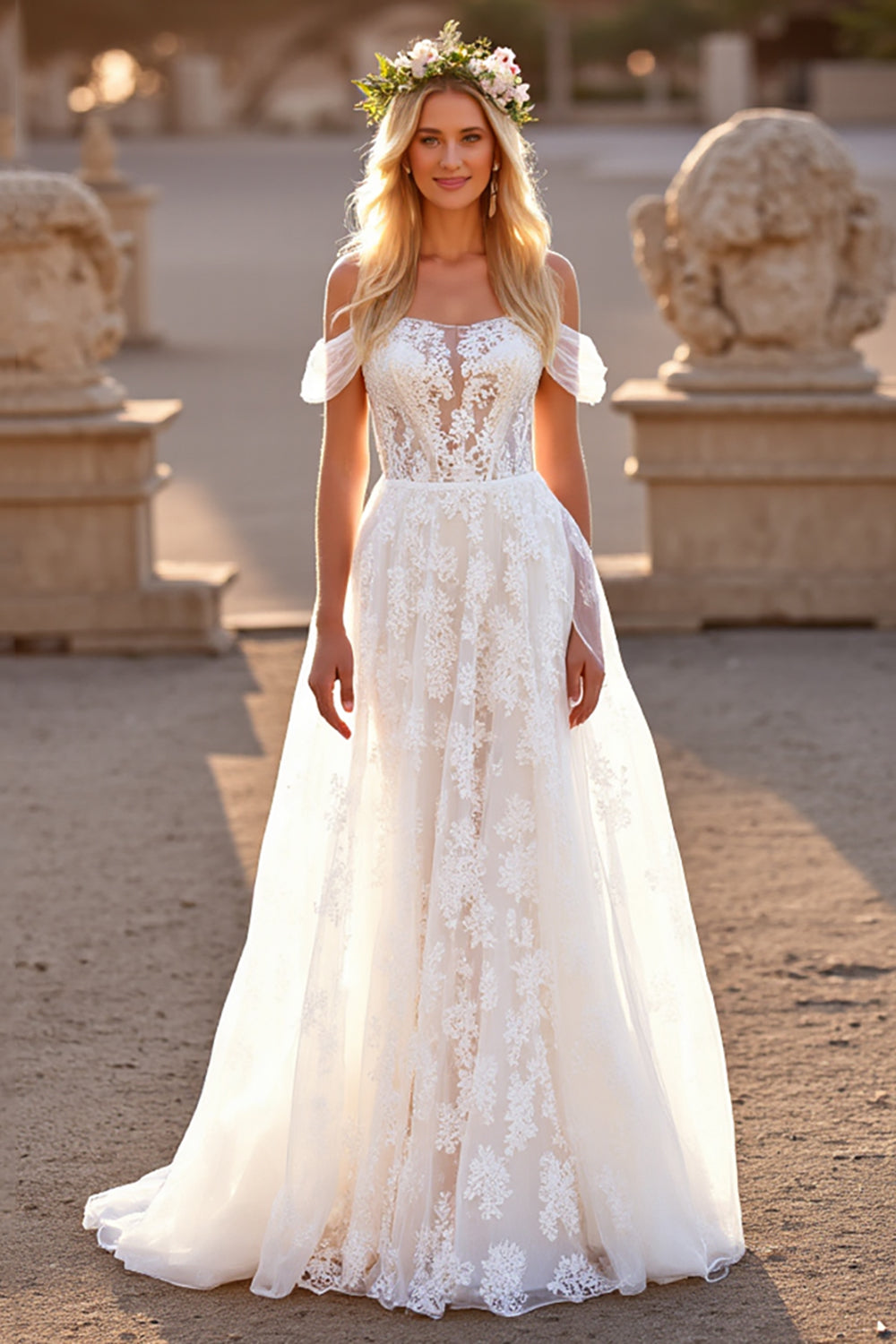 Boho White Off the Shoulder Wedding Dress with Appliques