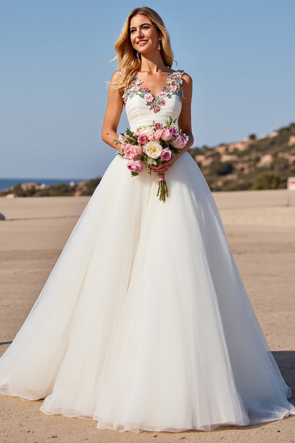 Romantic White A Line Wedding Dress with Flowers