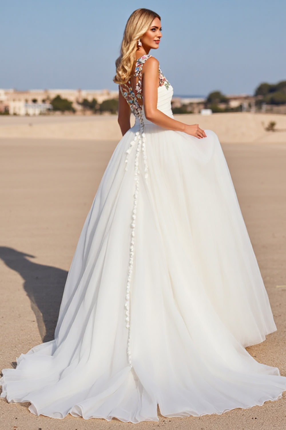 Romantic White A Line Wedding Dress with Flowers