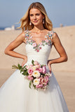 Romantic White A Line Wedding Dress with Flowers