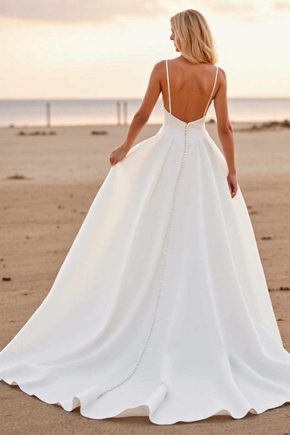 White A Line Spaghetti Straps High Low Wedding Dress
