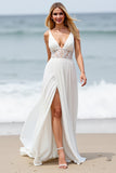 Beach A Line Applique White Wedding Dress with Slit