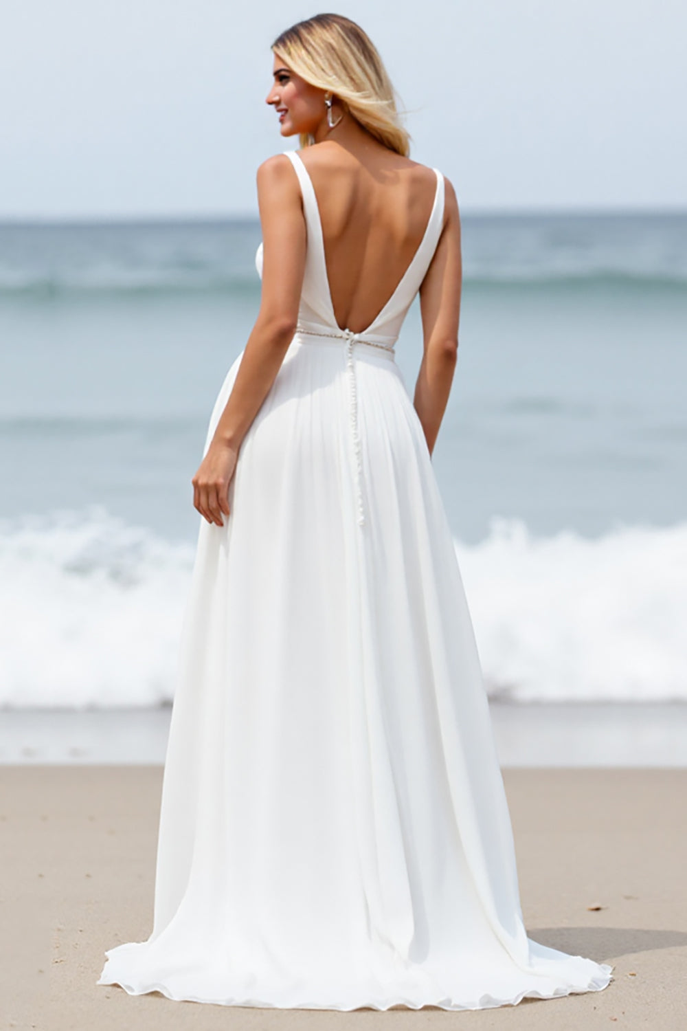 Beach A Line Applique White Wedding Dress with Slit